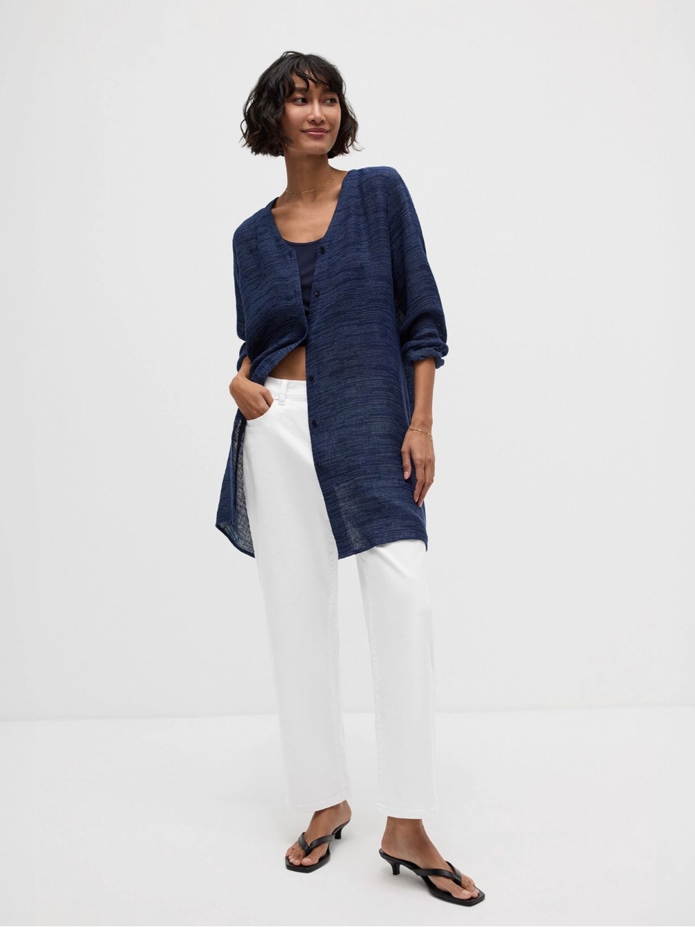 EILEEN FISHER Linen Gauze Strata V-Neck Long Top in Ink - Picture 2 of 10